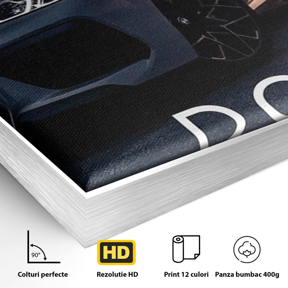 Detaliu al suprafetei: tablou canvas cu masina sport si mesaj, in rama de aluminiu argintiu
